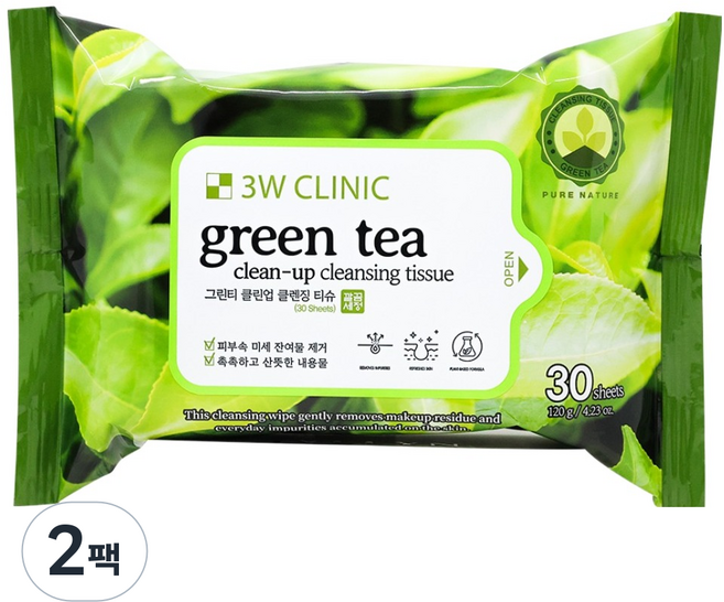 3W클리닉 그린티 클린업 클렌징 티슈 120g, 2팩, 30매