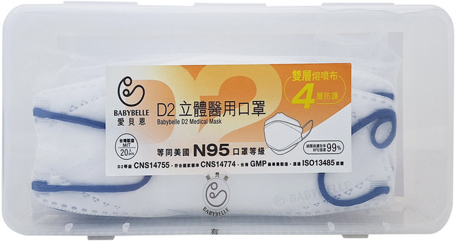 BABYBELLE 愛貝恩 D2韓版成人醫用口罩, 雪花白 + 深藍色, 20片, 1盒