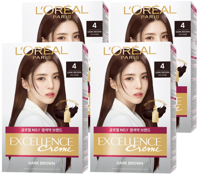 로레알파리 엑셀랑스 크림 빗캡으로 간편한 새치염색 염모제, 4호 다크 브라운, 4개
