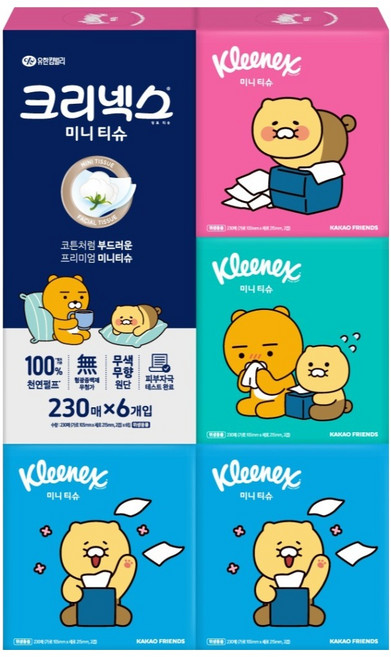 크리넥스 코튼처럼 부드러운 프리미엄 미니티슈 카카오프렌즈, 230매입, 6개