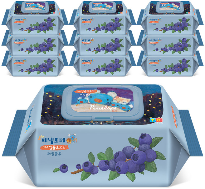 페넬로페 100셀룰로오즈 페일블루 아기물티슈 캡형, 75g, 70개입, 10개