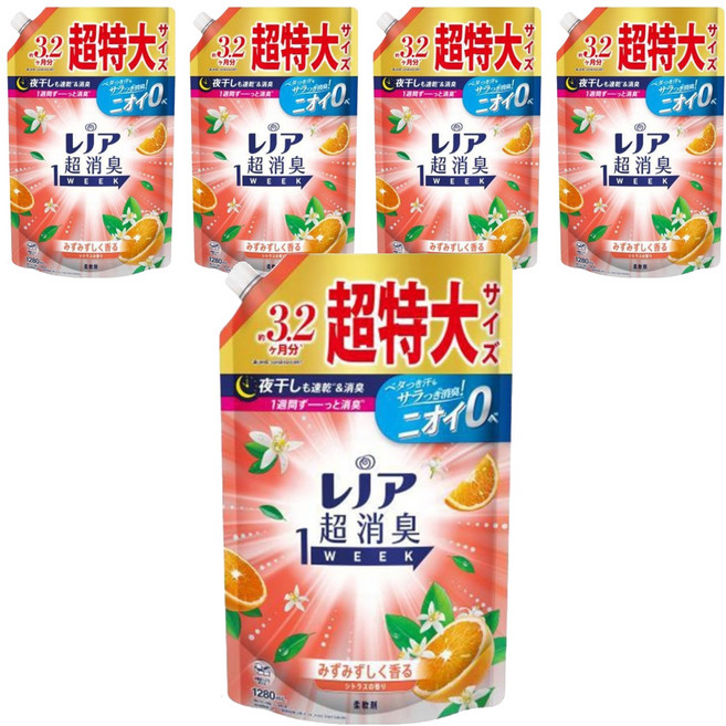 Lenor 蘭諾 日本原裝進口 1 WEEK 一週間衣物消臭室內曬乾柔軟精 橙橘香補充包, 1.28L, 5包