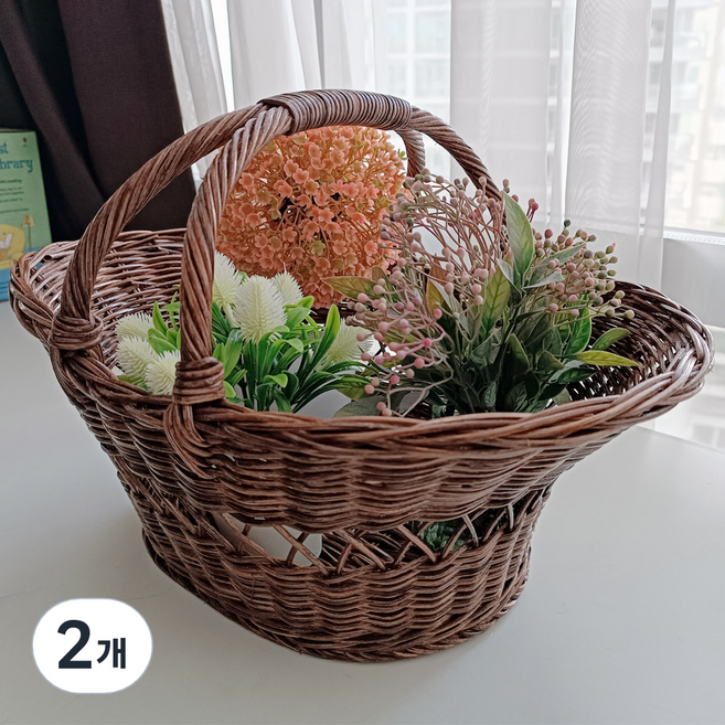 메종인다라탄샵손잡이 라탄 바구니 J075, 브라운, 2개