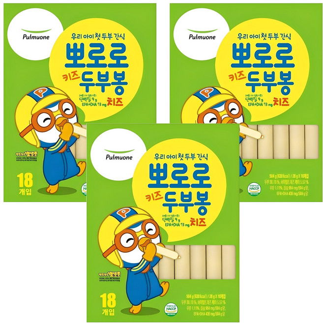 풀무원 뽀로로 키즈 두부봉 치즈, 504g, 3개