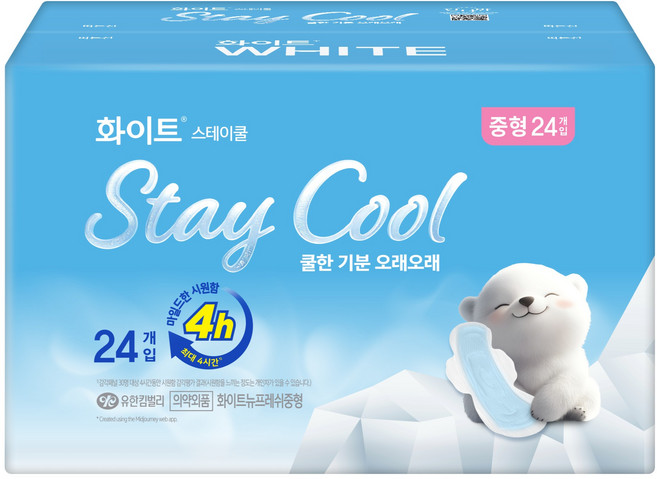 화이트 스테이쿨 생리대 날개형, 중형, 24개입, 1세트