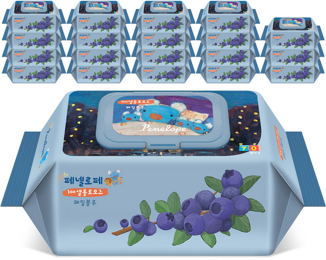 페넬로페 100셀룰로오즈 페일블루 아기물티슈 캡형, 75g, 70매, 20개