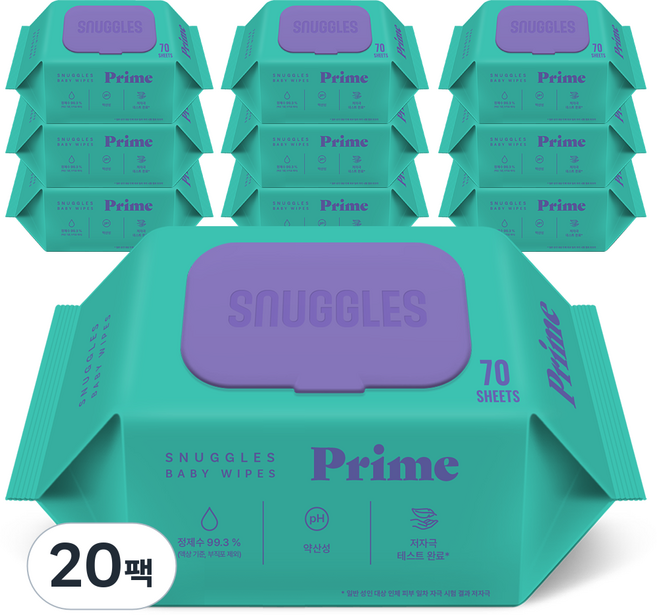 스너글스 프라임 유아용 피부 저자극 인증 아기물티슈 엠보싱 캡형, 20팩, 70매, 70g