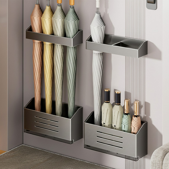 메이크마인 무타공 자석 물빠짐 현관 우산꽂이, 그레이(걸이+꽂이 세트), 2세트