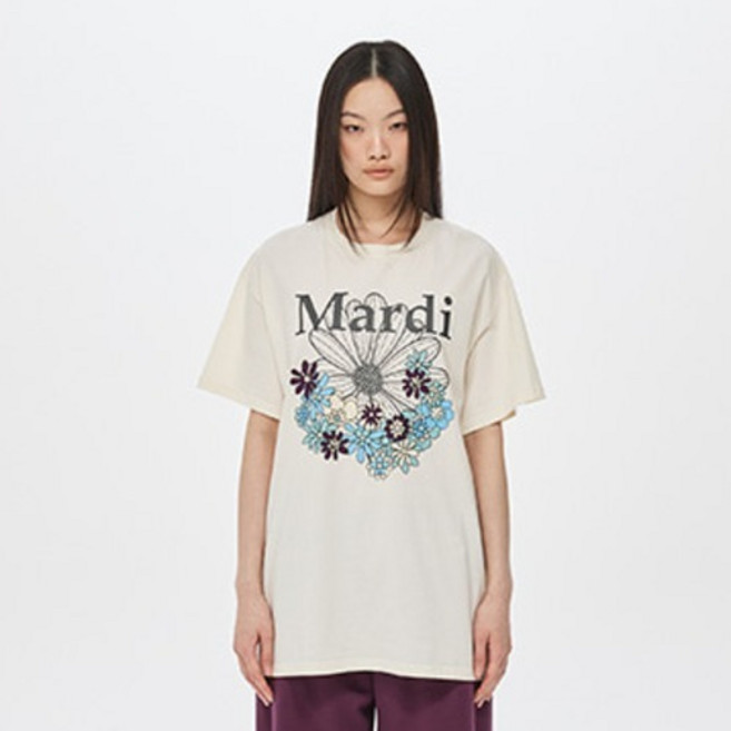 Mardi Mercredi 男女通用 花卉 JARDIN VVD 棉質T恤, 奶油炭灰色