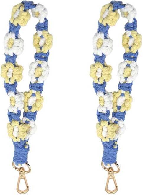 手機掛繩 編織花短款 無夾片 2個, 藍繩 白黃花, 1組