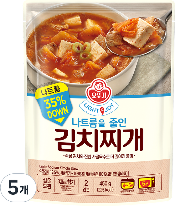오뚜기 LIGHT&JOY 나트륨을 줄인 김치찌개, 5개, 450g