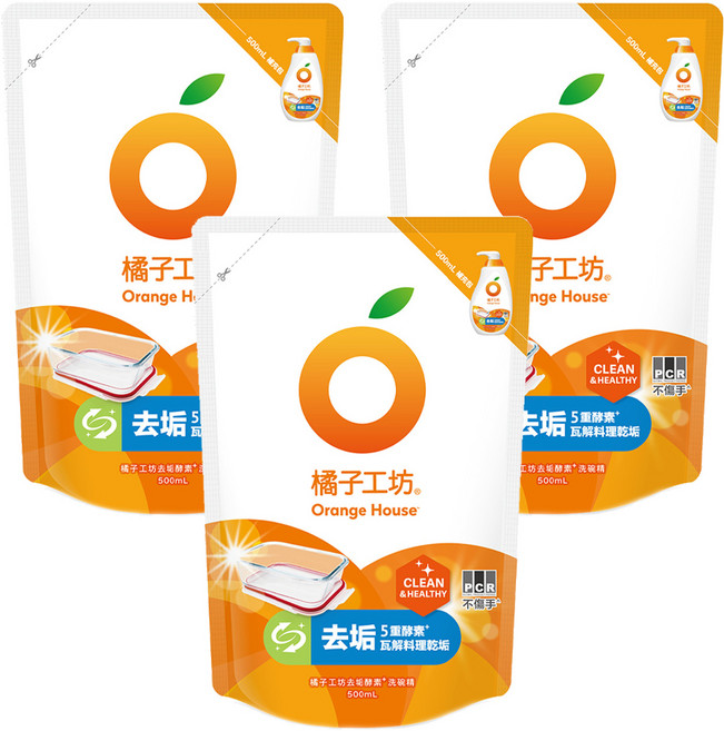 Orange House 橘子工坊 去垢酵素洗碗精補充包, 500ml, 3包