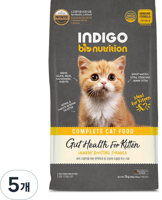INDIGO 고양이 바이오뉴트리션 면역앤 기능성 사료, 키튼, 2kg, 5개