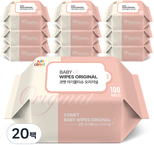 코멧 오리지널 유아용 아기물티슈 리필형, 20팩, 100매, 50g