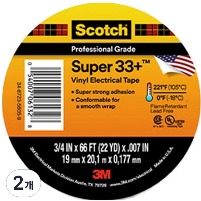 3M Scotch 3M Super 33+ 電絕緣膠帶 黑色 19mm x 20.1m, 2個