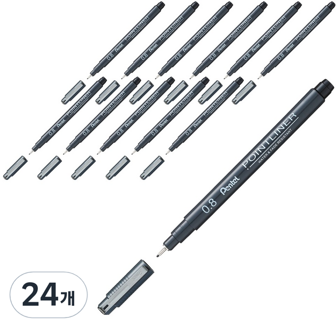 펜텔 포인트라이너 수성 드로잉펜 0.8mm S20P-8A, 블랙, 24개