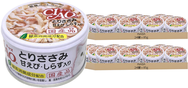 INABA CIAO 啾嚕 貓用 旨定罐, 雞肉 + 甜蝦 + 吻仔魚, 85g, 48罐