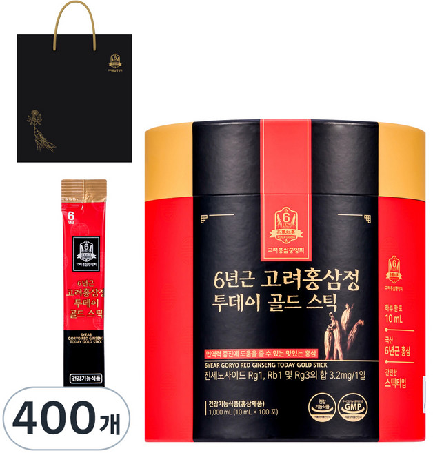 고려홍삼중앙회 6년근 고려홍삼정 투데이 골드 스틱+ 쇼핑백, 10ml, 400개