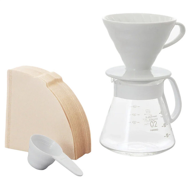 HARIO 好璃奧 V60 02濾杯咖啡壺組, 600ml, 1組, 陶瓷濾杯 + 咖啡壺 + 量匙 + 濾紙