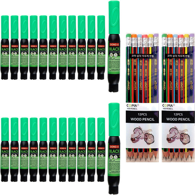동아 블랙보드마카 12p + 투코비 삼각 지우개 연필 SG-208 12p 세트, 형광연두(보드마카), 혼합색상(지우개연필), 2세트