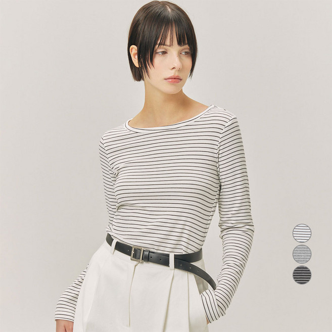 ELLEPARIS 여성용 스트라이프 라운드넥 립 티셔츠