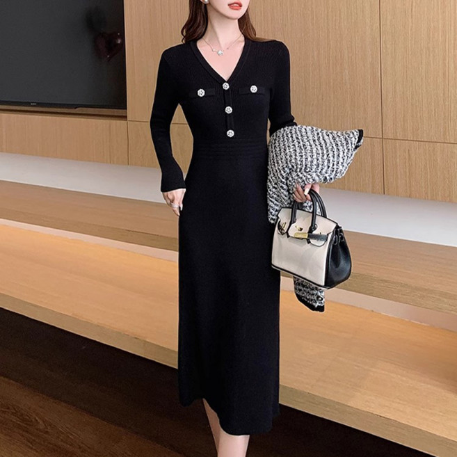 POPLARNC 女款Delian V領針織連身裙 P25FOPS070452, 黑色