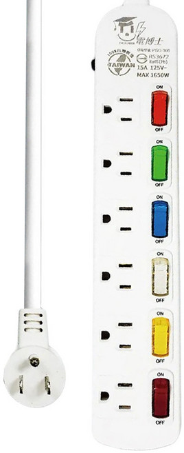 DR.POWER 電博士 MAX 1650W 125V 15A 2.7m 6開6插 3P 扁平插頭 電腦延長線 PSG-366B, 白色, 1條