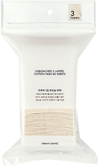 URBAN LEAVES 原色三層化妝棉 無添加漂白劑及螢光劑 50x65mm, 80片, 1包