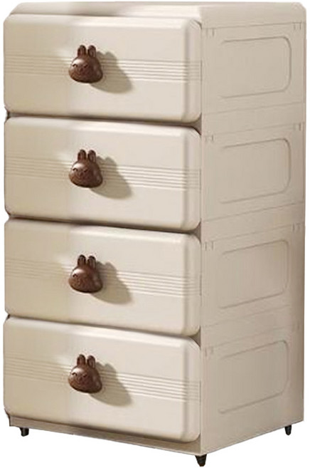 加厚抽屜式臥室床頭兒童衣櫃4層 可愛兔, 奶油 + 棕頂, 1個
