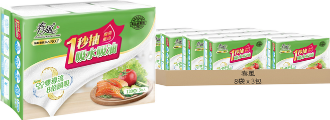 春風 抽取式廚房紙巾, 3包, 8袋