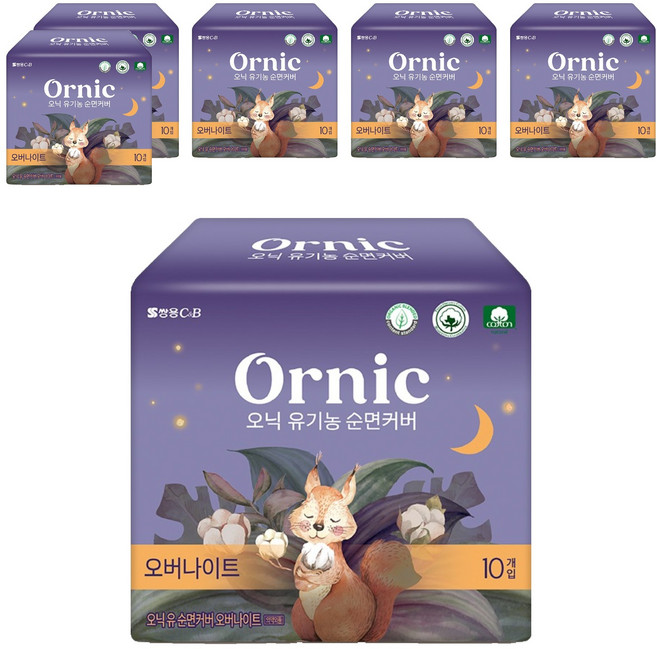 오닉피노 유기농 순면커버 생리대 날개형, 오버나이트, 10개입, 6개