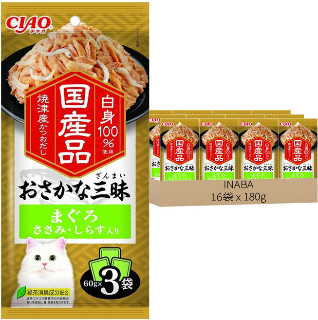 INABA CIAO 啾嚕 豪華魚三昧餐包 燒津鰹魚湯底 IC-415, 180g, 16袋, 鮪魚 + 雞肉 + 吻仔魚