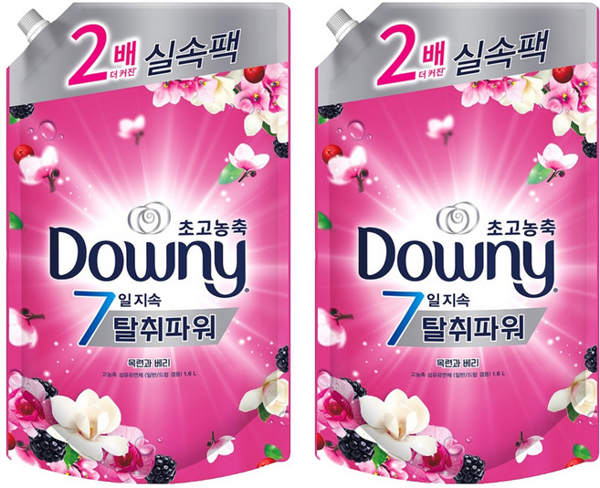 다우니 고농축 섬유유연제 7일 탈취파워 목련과 베리 리필, 1.6L, 2개