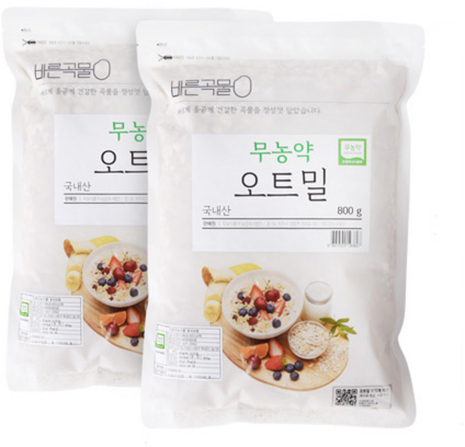 바른곡물 국내산 무농약 오트밀, 800g, 2개