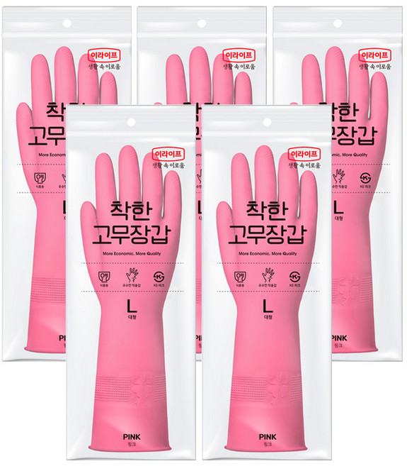 롯데이라이프 착한 고무장갑, 핑크, 대(L), 5개