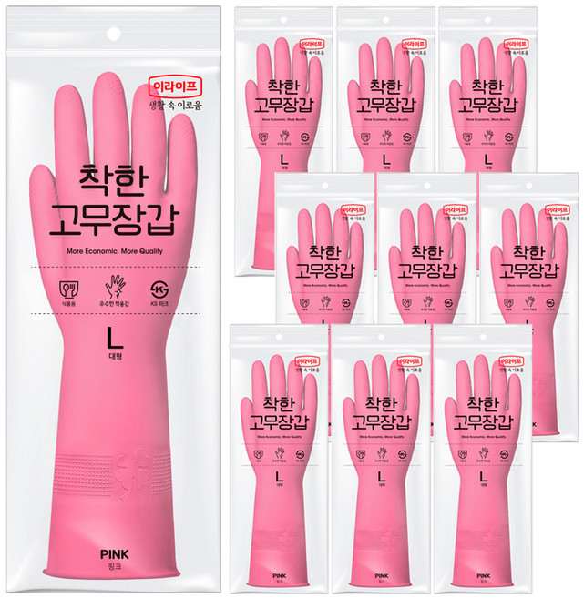 롯데이라이프 착한 고무장갑, 핑크, 대(L), 10개