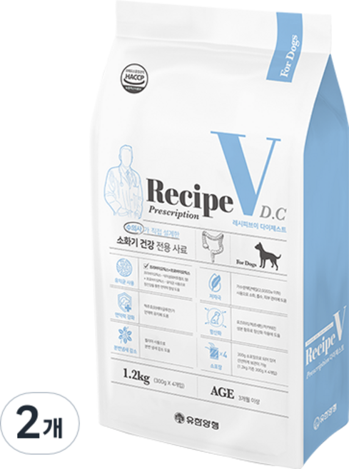 유한양행레시피브이 레시피브이 강아지 처방식사료, 소화기능/췌장/위개선, 1.2kg, 2개