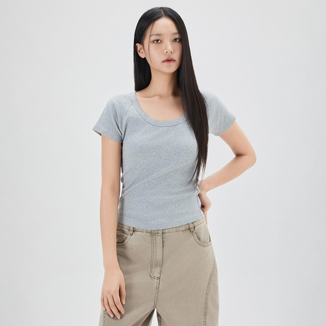 미쏘 여성용 골지 U넥 반팔 티셔츠