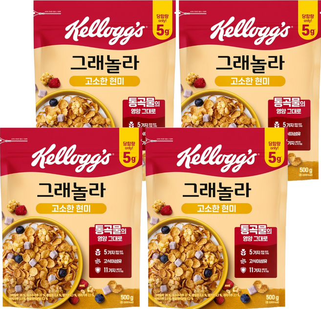 켈로그 고소한 현미 그래놀라 시리얼, 500g, 4개