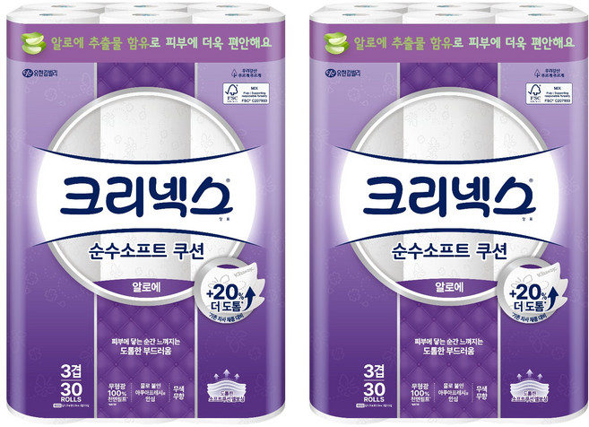 크리넥스 순수소프트 쿠션 알로에 화장지, 27m, 30개입, 2개