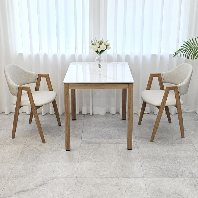 비에프컴퍼니 비앙카 세라믹 식탁의자세트 2인용 방문설치, 유광 화이트마블 + 우드스틸(식탁), 연그레이(의자), 일반의자 2