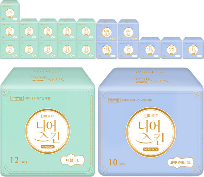 리버티 니어스킨 생리대 대형 날개형 12p x 3팩 + 오버나이트 날개형 10p x 2팩 세트, 56개입, 4세트