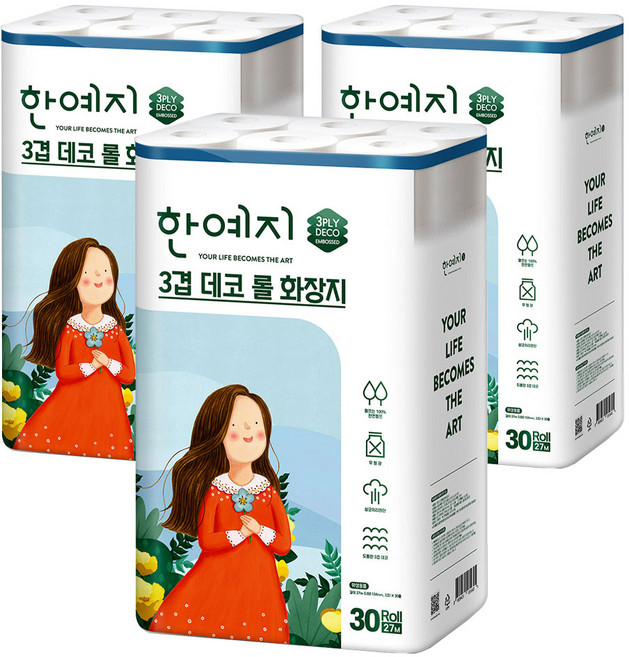 한예지 3겹 데코 천연펄프 롤화장지, 27m, 30롤, 3개