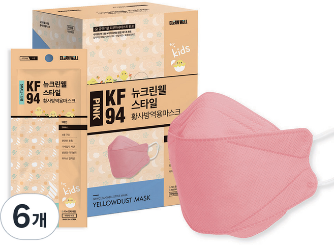 뉴크린웰 스타일 황사방역 마스크 소형 KF94, 30개입, 6개, 핑크
