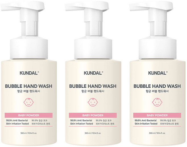 쿤달 퓨어 앤 세이프 버블 핸드위시 베이비파우더향, 300ml, 3개