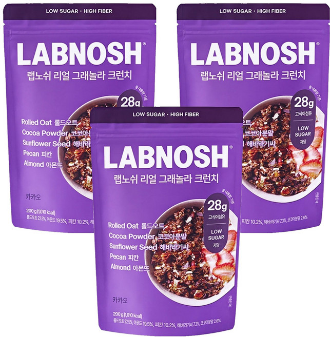 랩노쉬 리얼 그래놀라 크런치 카카오 시리얼, 200g, 3개