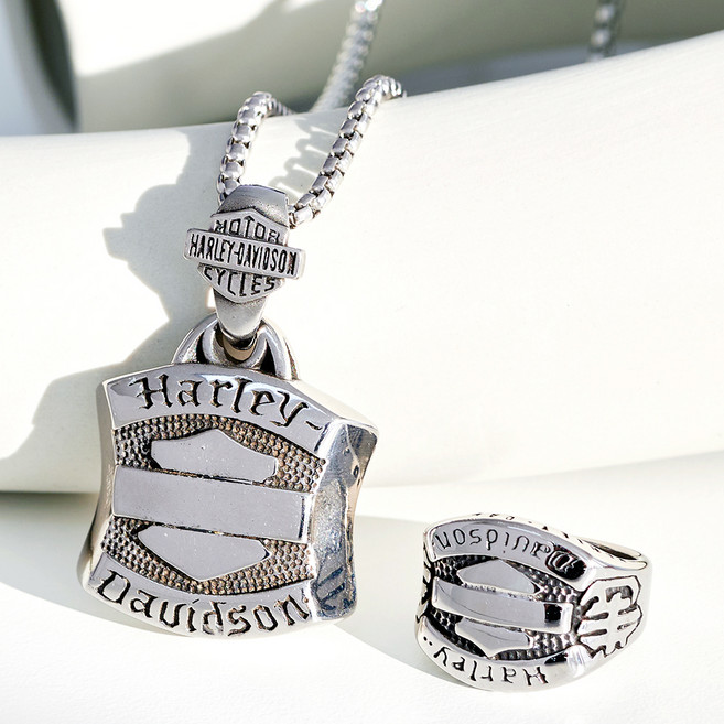 노이드비 남성용 써지컬스틸 할리모터 사각쉴드 목걸이반지 세트