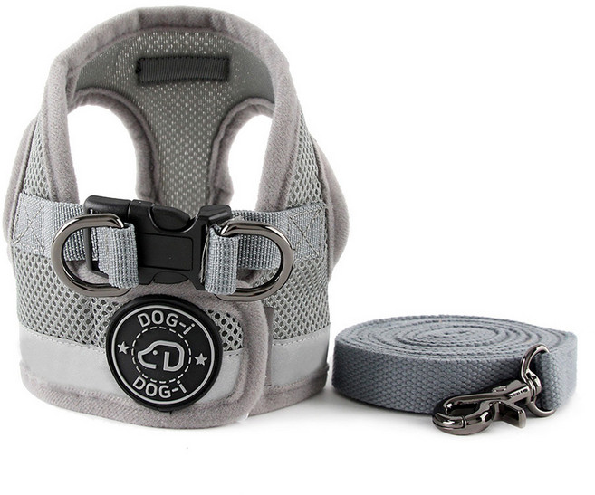 도그아이 강아지 리플렉션 하네스 + 리드줄, 그레이, 1세트