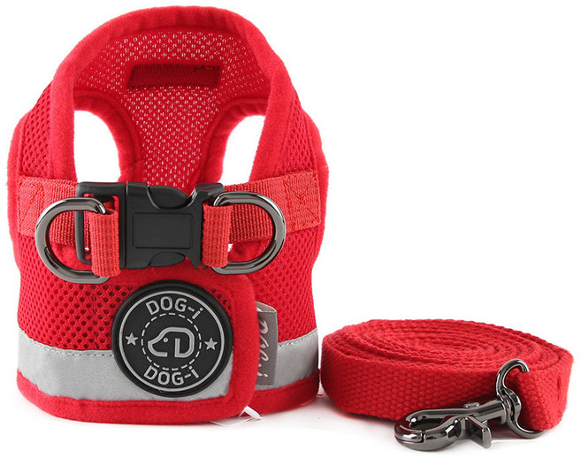 도그아이 강아지 리플렉션 하네스 + 리드줄, 레드, 1세트