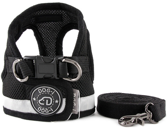 도그아이 강아지 리플렉션 하네스 + 리드줄, 블랙, 1세트